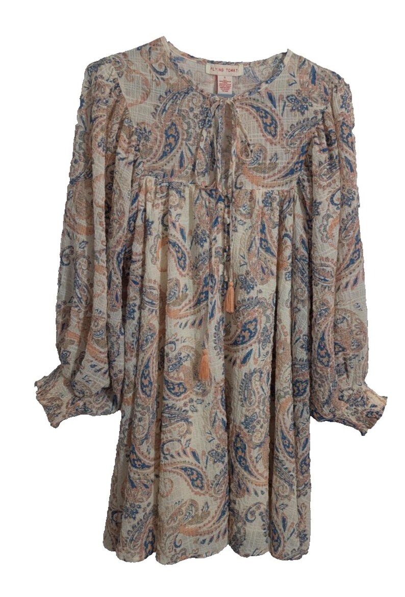 Anthropologie Flying Tomato Ivory Paisley Babydoll Mini Dress Balloon Sleeves - Women's Small - Cottagecore Coquette image 2