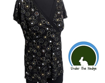 Vintage Y2K JKLA Black Geometric Flutter Sleeve V-Neck Top | Whimsigoth Fairy Goth Grunge Boho | Size L–XL