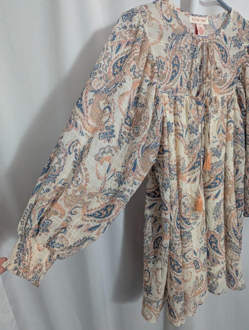 Anthropologie Flying Tomato Ivory Paisley Babydoll Mini Dress Balloon Sleeves - Women's Small - Cottagecore Coquette image 5
