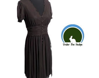 Vintage London Times Chocolate Brown Layered Mesh Ruffle Puff Sleeve Midi Skater Dress - Women's 10 - Whimsigoth Fairy Goth Coquette