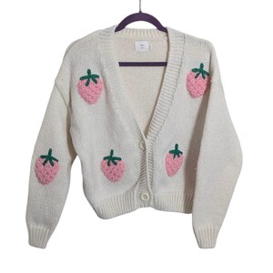 Anthropologie Luna Ivy Cream Strawberry Motif Chunky Knit Cardigan - Women's XS - Soft Girl Cottagecore Girlhood Core Twee Feminine Girly image 2