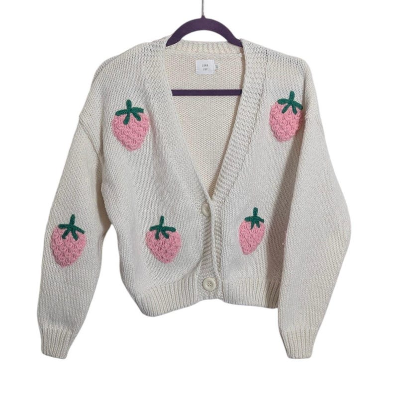 Anthropologie Luna Ivy Cream Strawberry Motif Chunky Knit Cardigan - Women's XS - Soft Girl Cottagecore Girlhood Core Twee Feminine Girly image 2
