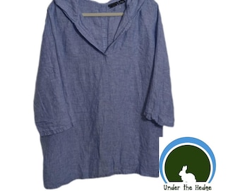 Neu ohne Tags Tahari Hellblau Chambray Kapuze 3/4 Ärmel Button Back Tunika Top - 100% Leinen - Damen 2X - Coastal Resort Lagenlook