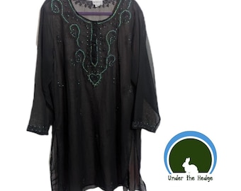 Vintage Westside Designs Sheer Black Embroidered Sequin Henley Tunic Duster - Long Side Vents - Women's 2XL - Whimsigoth Witchcore Glam