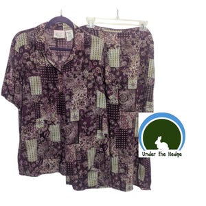 90s Kathie Lee 2pc Burgundy Floral Patchwork Skirt Set 18W cottage retro V1