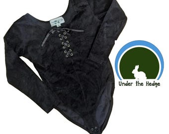 Vintage 90s Explorations Black Velour Lace Up Bodysuit - Women's Medium - Whimsigoth Fairy Goth Uptown Punk