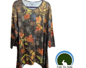 Serengeti Multicolor Fall Motif Bedazzled Asymmetrical Tunic Top - Women's 2X - Whimsigoth Cottagecore Goblincore Fairycore Natural Autumnal