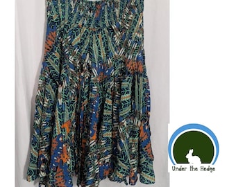 Falda midi acampanada fruncida con estampado de plumas estilo años 20 de Grace Elements / Estilo cottagecore, bohemio y mágico / Talla XL