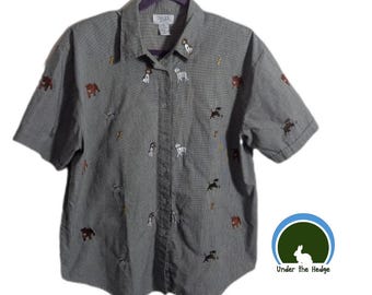 Vintage 90er Jahre Teddi Schwarz Weiß Hahnentritt Besticktes Hunde Motiv Button Down Shirt - Damen XL - Cottagecore Oma Casual Indie Twee