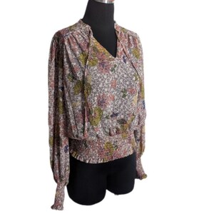 New Joie Dusty Rose Pink Floral Chiffon Smocked Balloon Sleeve Peasant Top - Women's Small - Fairycore Cottagecore Romantic Boho Soft Girl image 2