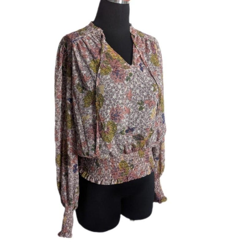 New Joie Dusty Rose Pink Floral Chiffon Smocked Balloon Sleeve Peasant Top - Women's Small - Fairycore Cottagecore Romantic Boho Soft Girl image 2
