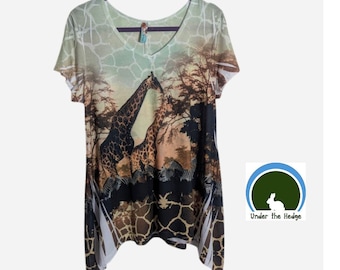 Vintage Big Bang Green Brown Black Rhinestone Giraffe Zebra Safari Print Asymmetrical Knit Tunic - Women's XL - Fairycore Maximalist Indie