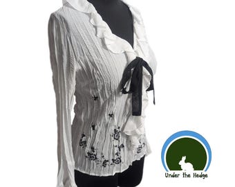 Vintage Y2K NY Collection White Floral Embroidered Bell Sleeve Ruffle Chiffon Top - Size Small - Fairycore Romantic Goth Grunge Whimsigoth