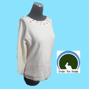 Vintage White Stag Ivory Tusk Button Accent Boat Neck Knit Pullover Sweater - Women's Large - Cottagecore Soft Girl Granny Casual Neutral