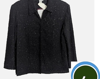 Cardigã/jaqueta de noite JMD New York preto com aplicações de miçangas, tamanho G feminino, estilo gótico glam formal, peça rara dos anos 90.