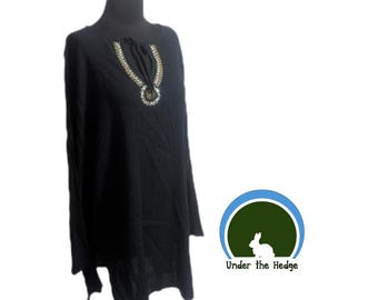 Vintage Mountain Lake Black Embroidered Sequined Gauzy Keyhole Neck Tunic Top - Women's Large - Boho Hippie Earthy Lagenlook Cotton