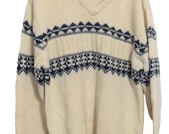 Maglione pullover vintage in lana Shetland Fair Isle color avorio e blu navy / Cabin Core Nordic Cottagecore / Taglia L da uomo