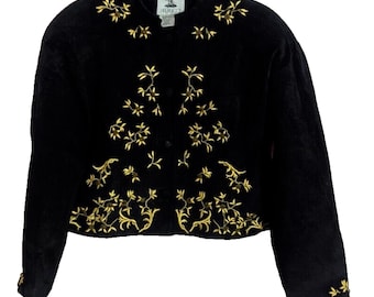 Vtg Pia Rucci Black Suede Beaded Embroidered Cropped Jacket Size 14 I1 Boho