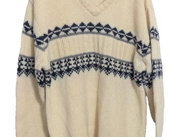 Vintage Structure Ivory Navy Fair Isle Shetland Wool Pullover Sweater | Cabin Core Nordic Cottagecore | Men's Large