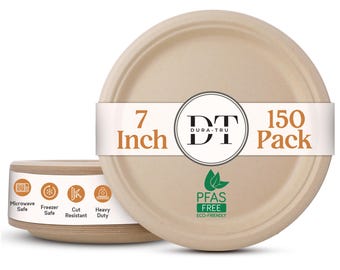 Heavy Duty Paper Plates - Eco-Friendly PFAS-free Compostable Plates, 7 Inch Disposable Plates [Round, 150 Pack] | 100% Bagasse Biodegradable