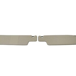 May include: Two beige car sun visors. Each visor has a rectangular shape with a textured surface. The visors have a curved edge and a small attachment point. The background is plain white.
