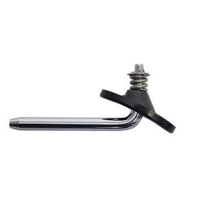 May include: A chrome-plated metal shower head with a black plastic base and a spring-loaded mechanism.
