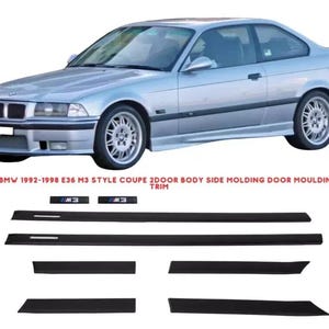 May include: A silver BMW E36 M3 coupe with black side molding trim. The image includes the car and several pieces of black trim. Text at the bottom reads "FOR BMW 1992-1998 E36 M3 STYLE COUPE 2DOOR BODY SIDE MOLDING DOOR MOULDING TRIM."