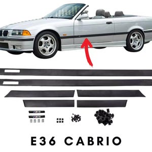 Puede incluir: Un coche descapotable plateado con faldones laterales negros y una flecha roja que apunta al faldón lateral. La imagen también muestra los faldones laterales, los accesorios de montaje y el texto "E36 CABRIO".