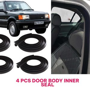May include: A black SUV with a matching set of four black door seals. The image also shows a close-up of a car door frame with an arrow pointing to the inner seal. The text at the bottom reads "4 PCS DOOR BODY INNER SEAL."