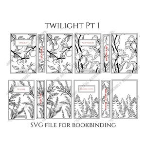 May include: Black and white line art book spine covers for the Twilight series by Stephenie Meyer. The covers feature various floral and nature designs, including apples, tulips, and trees. The titles "Twilight", "New Moon", "Eclipse", and "Breaking Dawn" are included on the covers.