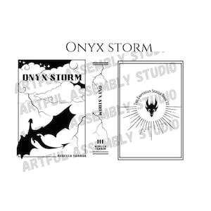 Puede incluir: Portada de libro en blanco y negro con el título "ONYX STORM" y una ilustración de un dragón. El libro forma parte de "The Empyrean Series" y es el libro III. La autora es Rebecca Yarros.