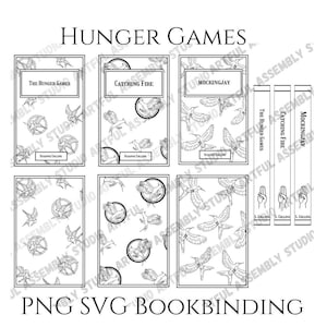 May include: Black and white printable book spine covers for the Hunger Games trilogy by Suzanne Collins. The covers feature the book titles "The Hunger Games", "Catching Fire", and "Mockingjay".