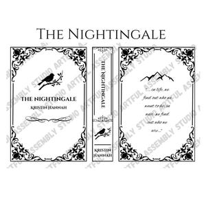 May include: A black and white book cover with an ornate design. The title "The Nightingale" is written in large, bold letters. The author's name, "Kristin Hannah", is written below the title. The cover also features a small bird perched on a branch.