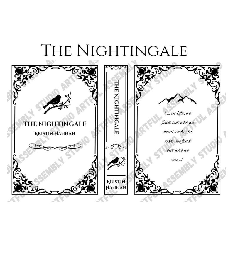 May include: A black and white book cover with an ornate design. The title "The Nightingale" is written in large, bold letters. The author's name, "Kristin Hannah", is written below the title. The cover also features a small bird perched on a branch.