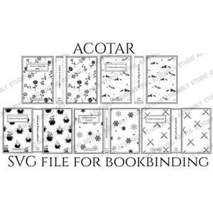 May include: A collection of book covers with various designs, including roses, mountains, cauldrons, snowflakes, and crossed swords. The word "ACOTAR" is at the top, and "SVG FILE FOR BOOKBINDING" is at the bottom.