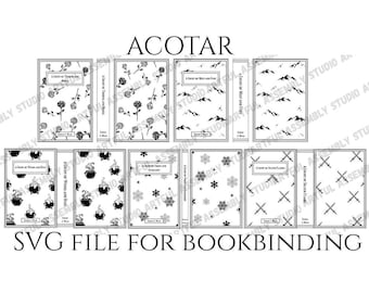 May include: A collection of book covers with various designs, including roses, mountains, cauldrons, snowflakes, and crossed swords. The word "ACOTAR" is at the top, and "SVG FILE FOR BOOKBINDING" is at the bottom.