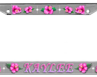 Pink Hibiscus Flower Metal License Plate Frame - Glossy Finish, Rustproof