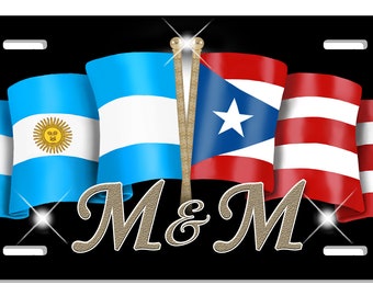 Argentina Puerto Rico America Unity Flags Auto License Plate Personalize Gifts Any Name or Text Many Color Backgrounds Latino Puerto Rican