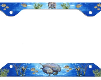 Manatees, Sea Turtles, Sun Fish, Clams Auto License Plate Frame Personalize With Any Text Gifts Ladies Men Plate Holder Sea Cow Ocean