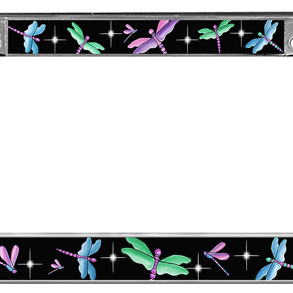 Dragonflies Auto License Plate Frame Personalize With Any Text Gifts Girls Ladies Plate Holder Black Or Sky Background