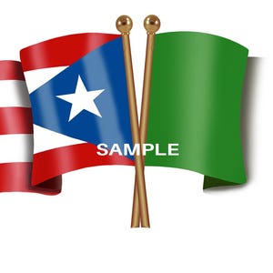 Op de afbeelding: Afbeelding van vlaggen, waaronder de Puerto Ricaanse vlag met een witte ster op een blauwe driehoek, en een vlag met rode en witte strepen. Het woord "SAMPLE" staat op de groene vlag.