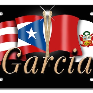 Puerto Rico Peru Unity Flags Auto License Plate Personalize Gifts any Name or Text Many Color Backgrounds Puerto Rican Peruvian Latino