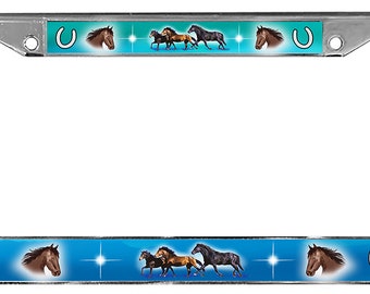 Horses Auto License Plate Frame Gifts Ladies Men Shades of Aqua Blue, Pink, Or Silver Gray Horse Metal Plate Holder Horseshoes