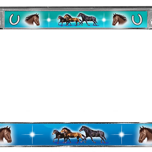 Horses Auto License Plate Frame Gifts Ladies Men Shades of Aqua Blue, Pink, Or Silver Gray Horse Metal Plate Holder Horseshoes