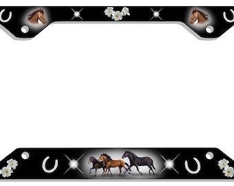 Horses Auto License Plate Frame Personalize With Any Text Gifts Ladies Men Plate Holder Brown Horse Equine 5 Colors Fits 6" x 12" USA Plates
