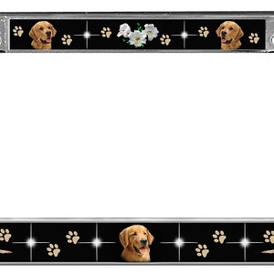 Golden Retriever License Plate Frame Personalize Gifts Silver Metal Plate Holder Many Color Backgrounds Dogs Pets