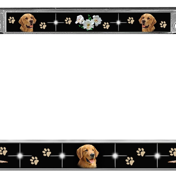 Golden Retriever License Plate Frame Personalize Gifts Silver Metal Plate Holder Many Color Backgrounds Dogs Pets