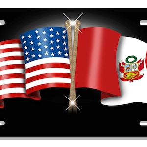 Peru USA Unity Flags Auto License Plate Personalize Gifts Any Name  Or Text Many Color Backgrounds Latino Peruvian American
