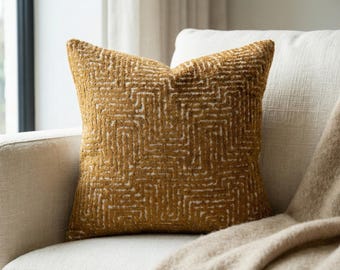 Mustard Yellow Pillow Cover, Woven Geometric Boho Cushion Case