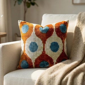 Funda de almohada lumbar Ikat de terciopelo naranja y azul, cojín lumbar bohemio